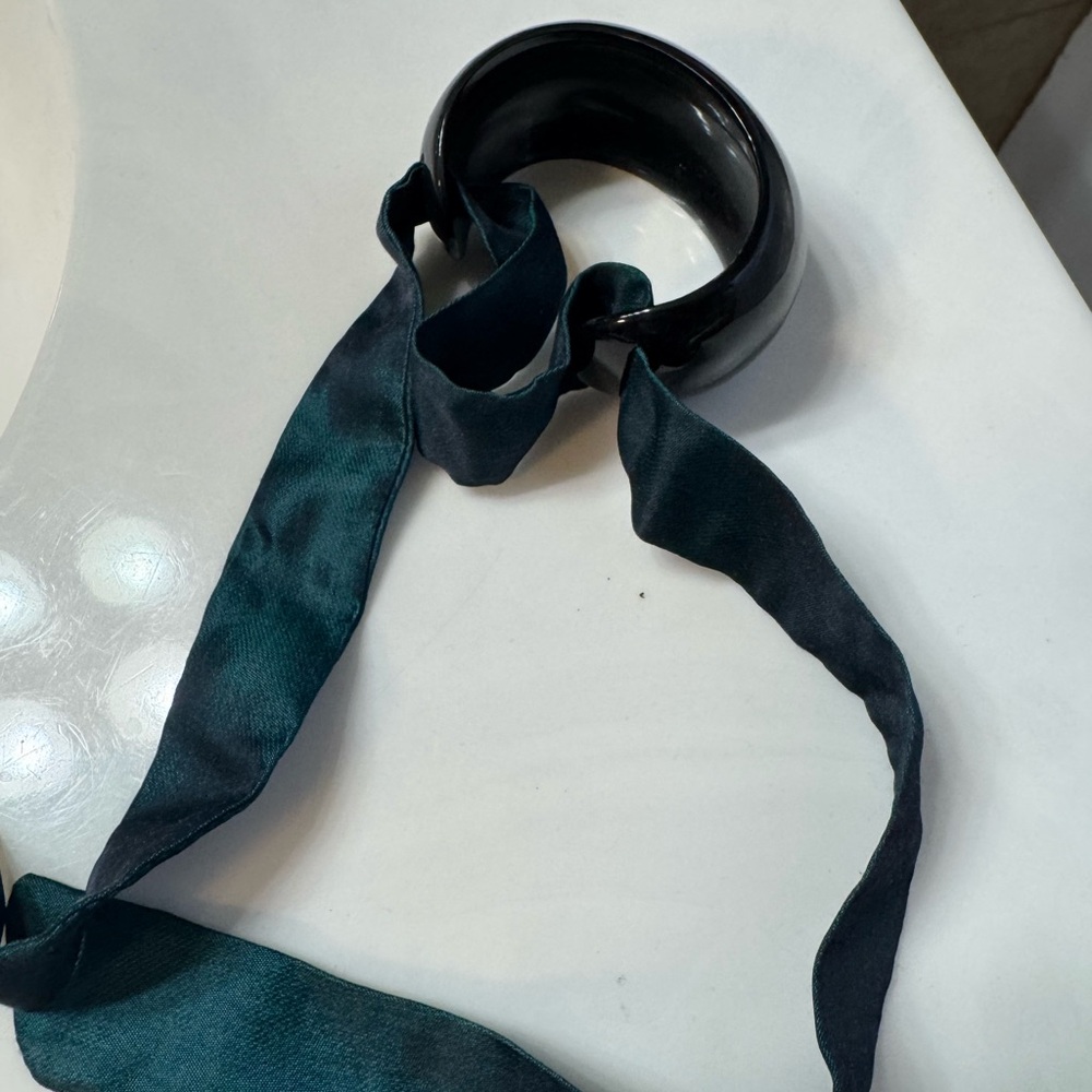 Noonday Collection Black Resin Bangle with Deep Green Satin Ribbon